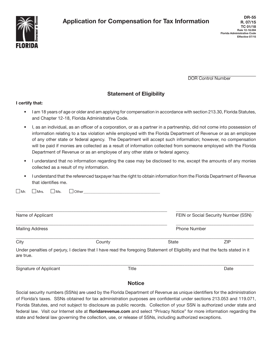 Form DR-55 - Fill Out, Sign Online and Download Printable PDF, Florida ...