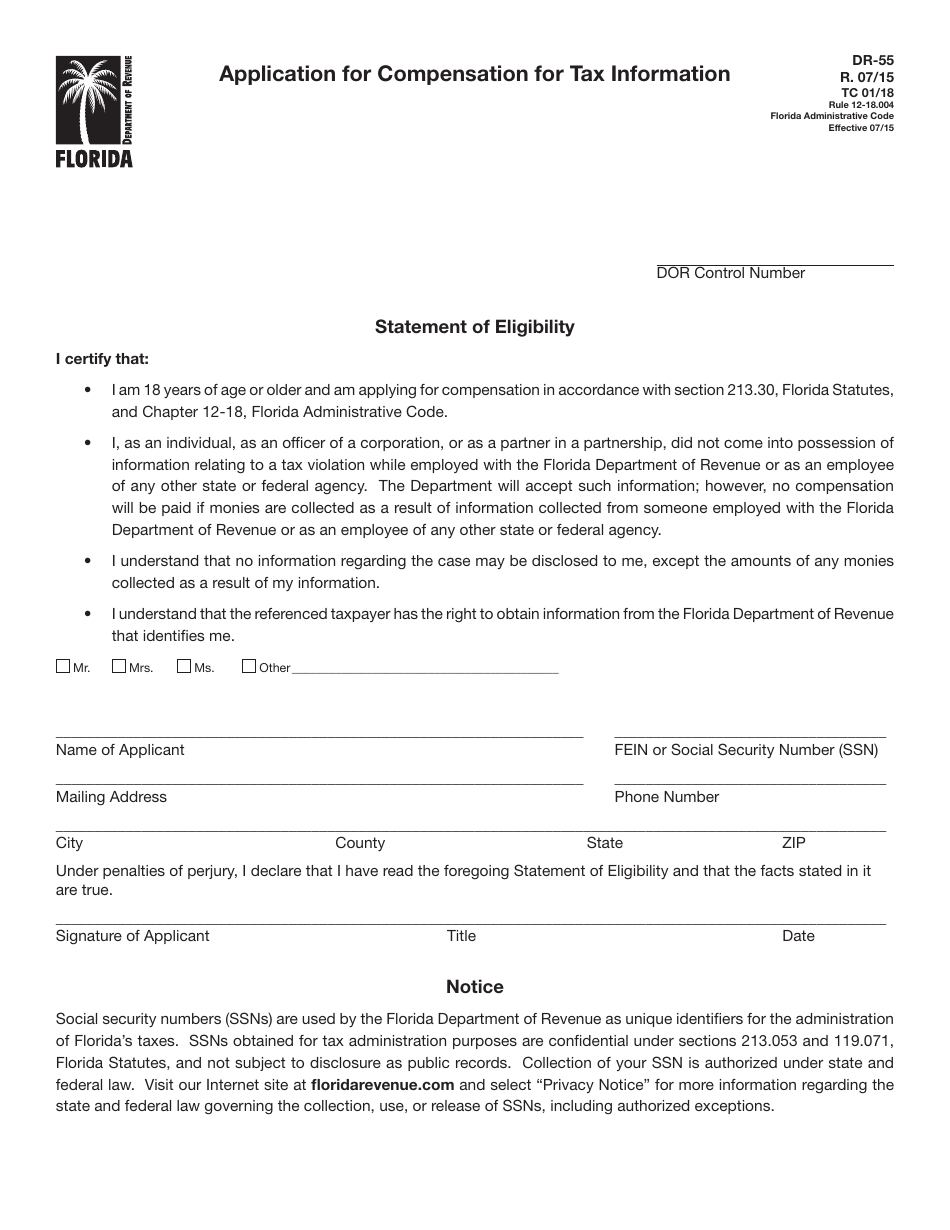 Form DR-55 Application for Compensation for Tax Information - Florida, Page 1