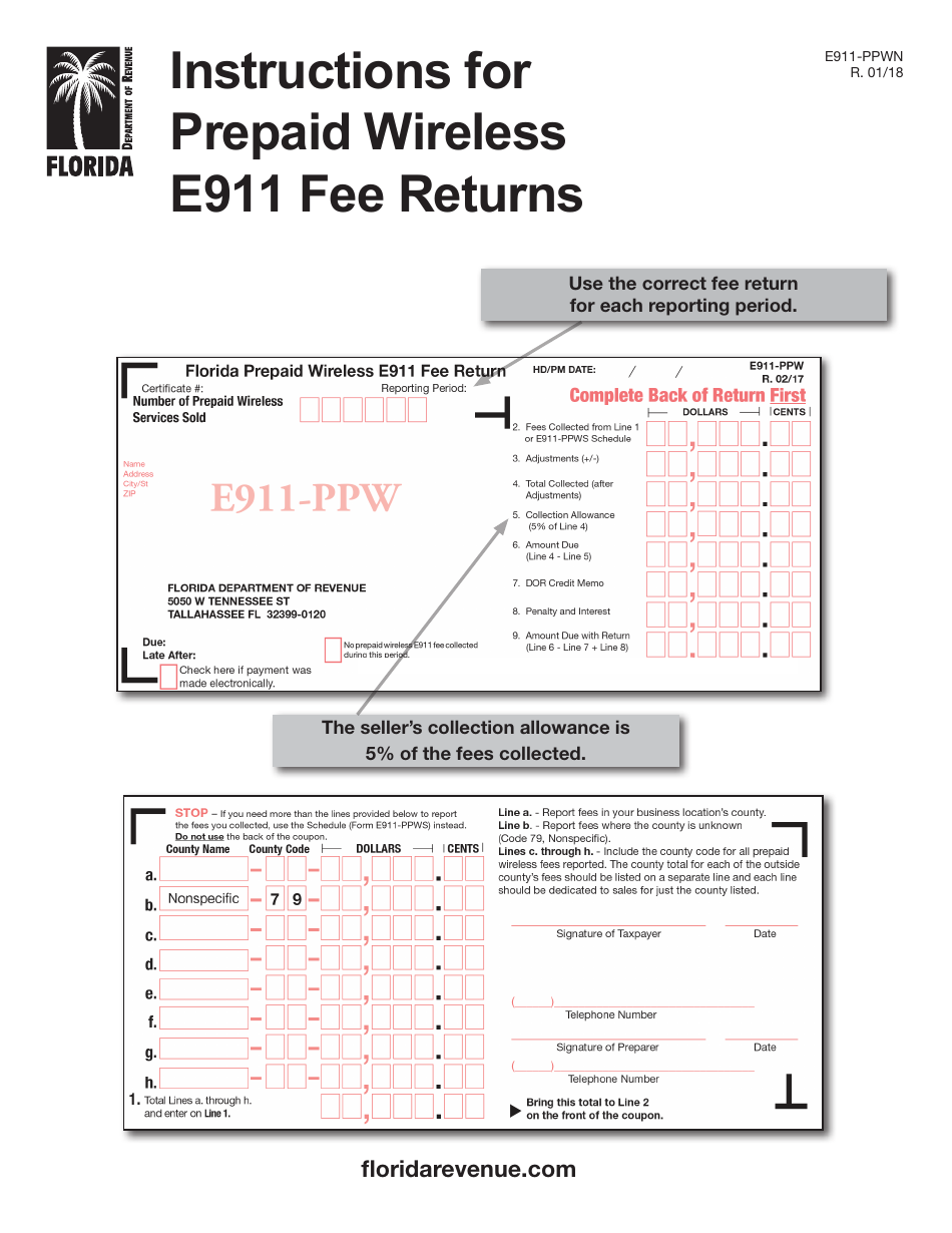 Instructions for Form E911-PPW Florida Prepaid Wireless E911 Fee Return - Florida, Page 1