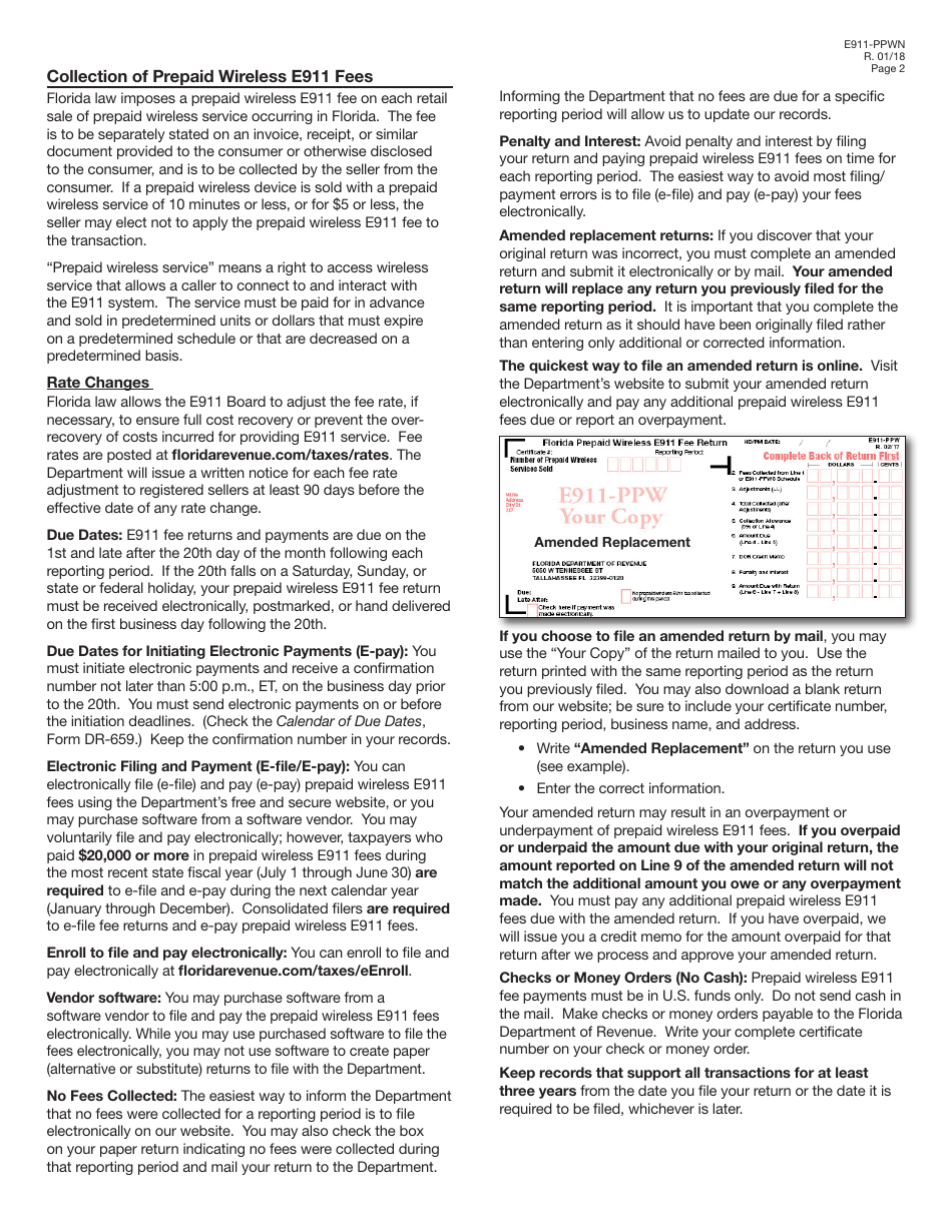 Instructions for Form E911-PPW Florida Prepaid Wireless E911 Fee Return - Florida, Page 2