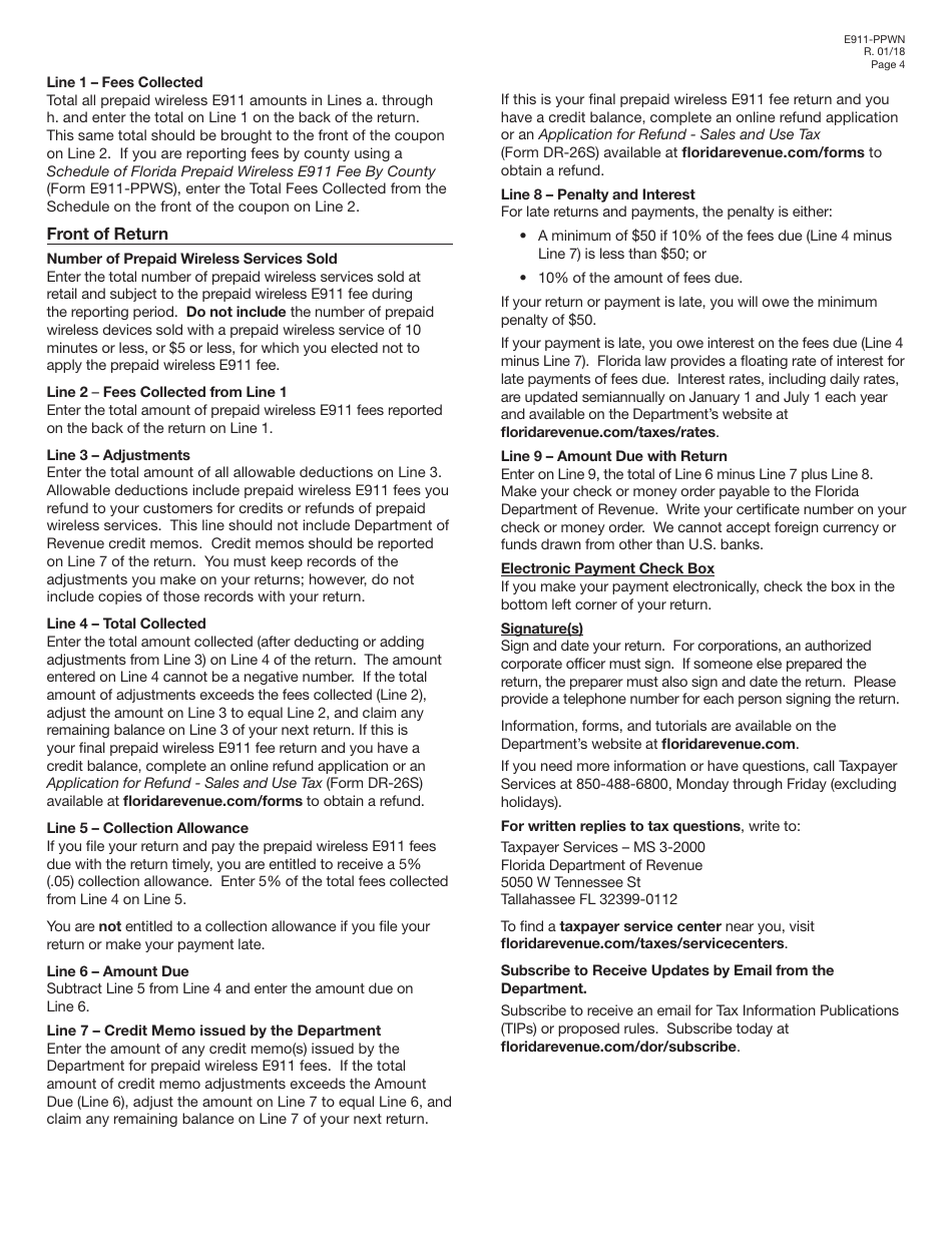 Instructions for Form E911-PPW Florida Prepaid Wireless E911 Fee Return - Florida, Page 4