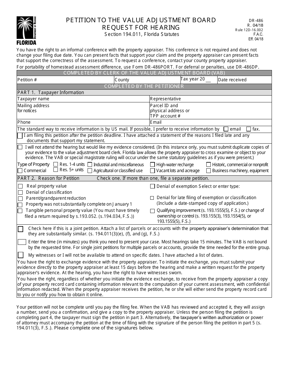 Form DR-486 Petition to Value Adjustment Board - Request for Hearing - Florida, Page 1