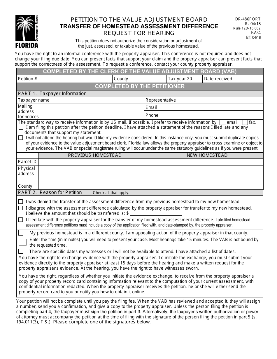 Form DR486PORT Petition to the Value Adjustment Board - Transfer of Homestead Assessment Difference - Request for Hearing Form - Florida, Page 1