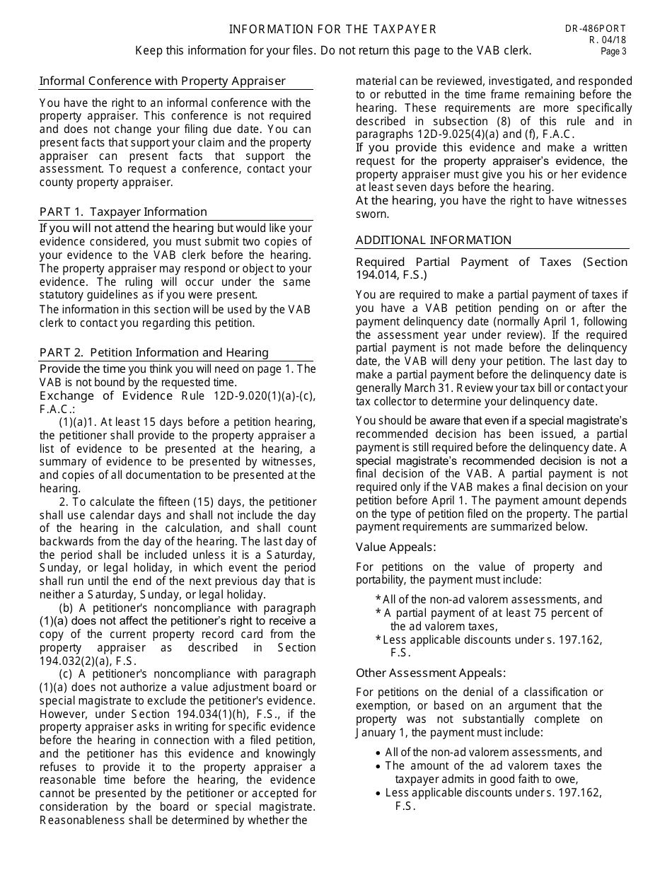 Form DR486PORT Petition to the Value Adjustment Board - Transfer of Homestead Assessment Difference - Request for Hearing Form - Florida, Page 3