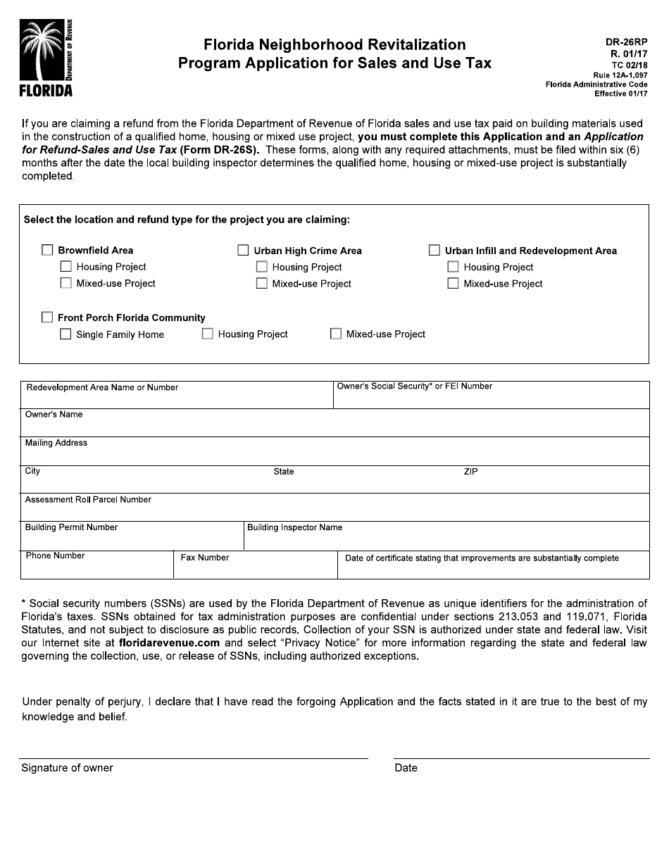 Form DR26RP Florida Neighborhood Revitalization Program Application for Sales and Use Tax - Florida, Page 1