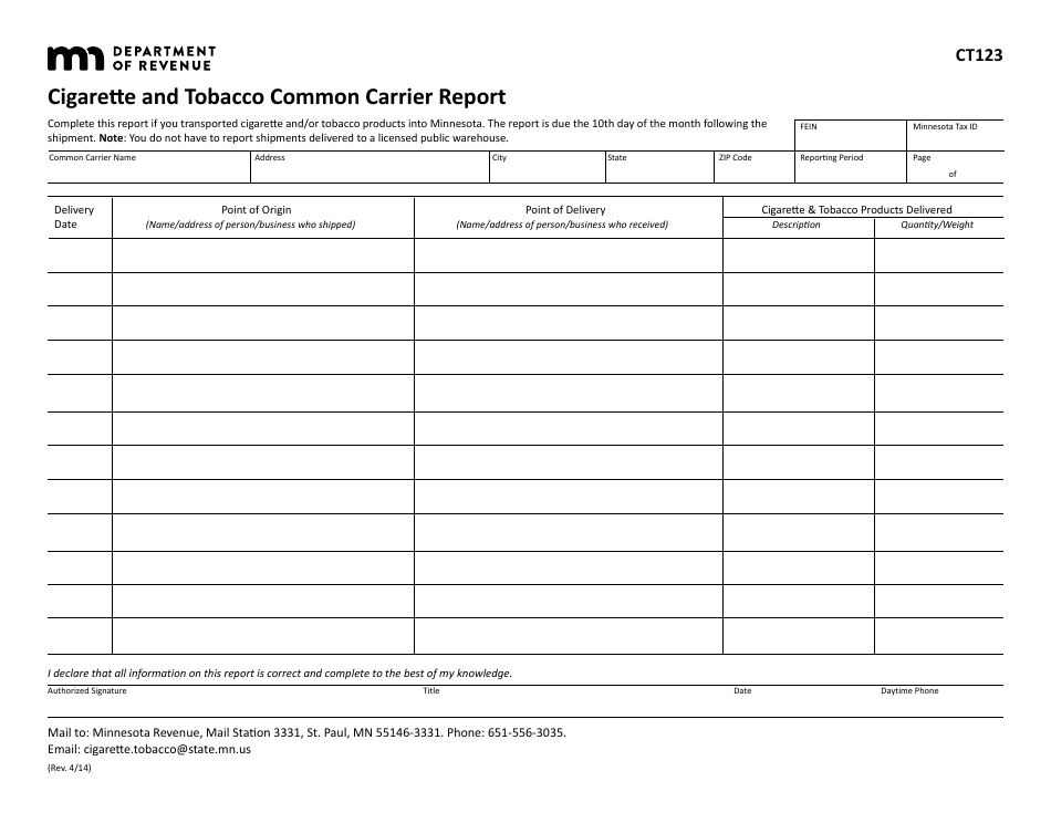 Form CT123 Cigarette and Tobacco Common Carrier Report - Minnesota, Page 1