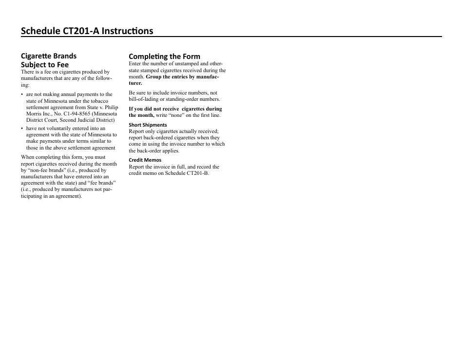 Form CT201-A Unstamped / Other-State Stamped Cigarettes Received During the Month or Minnesota Distributors - Minnesota, Page 2