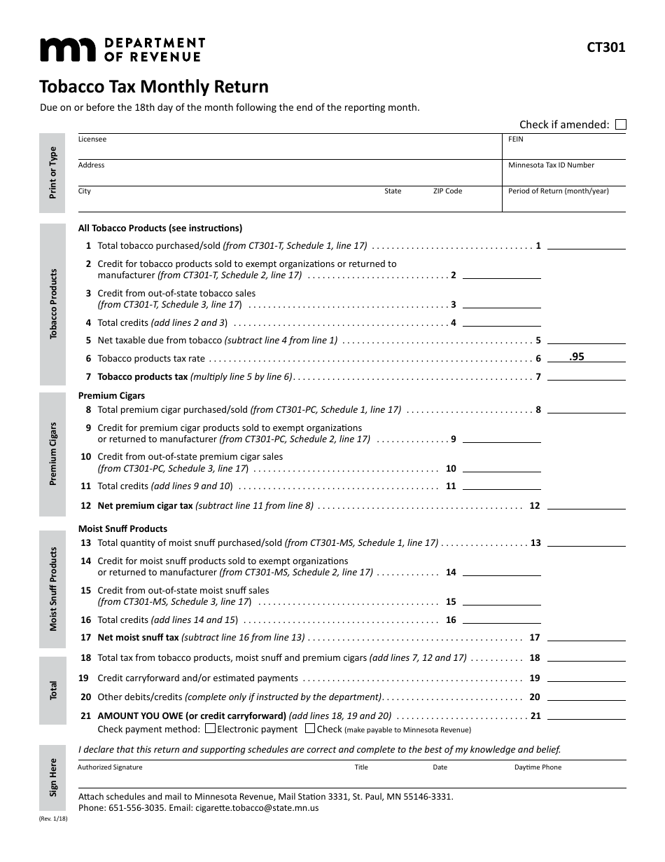 Form CT301 Tobacco Tax Monthly Return - Minnesota, Page 1
