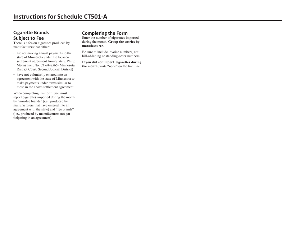 Schedule CT501-A Cigarettes Imported During the Month for Minnesota Importers - Minnesota, Page 2