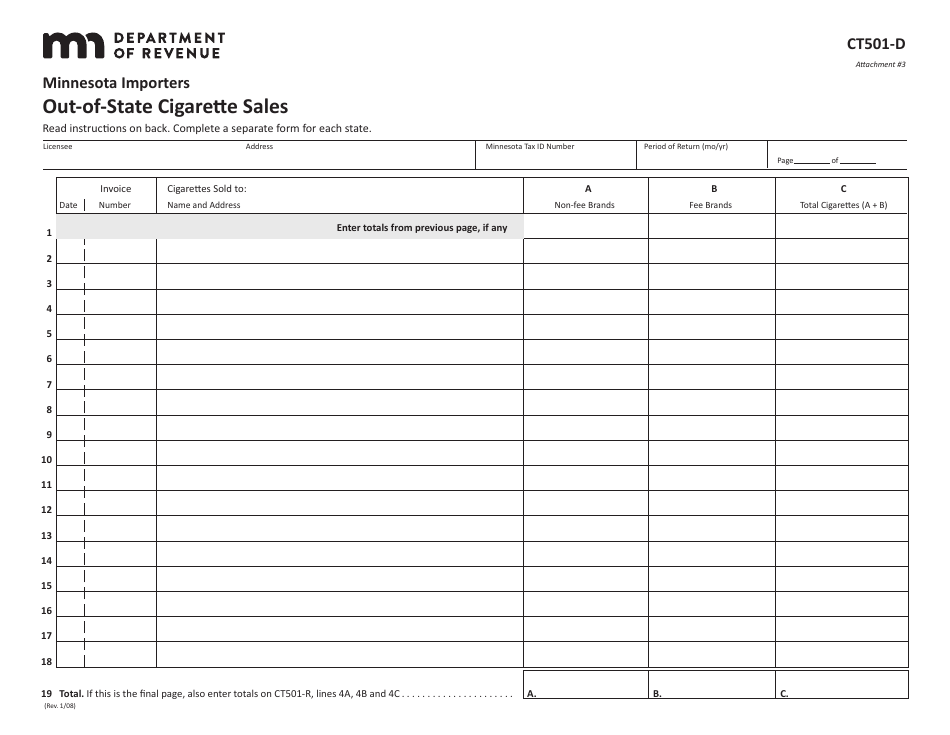 Form CT501-D Out-of-State Cigarette Sales - Minnesota, Page 1