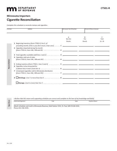 Form CT501-R Cigarette Reconciliation for Minnesota Importers - Minnesota