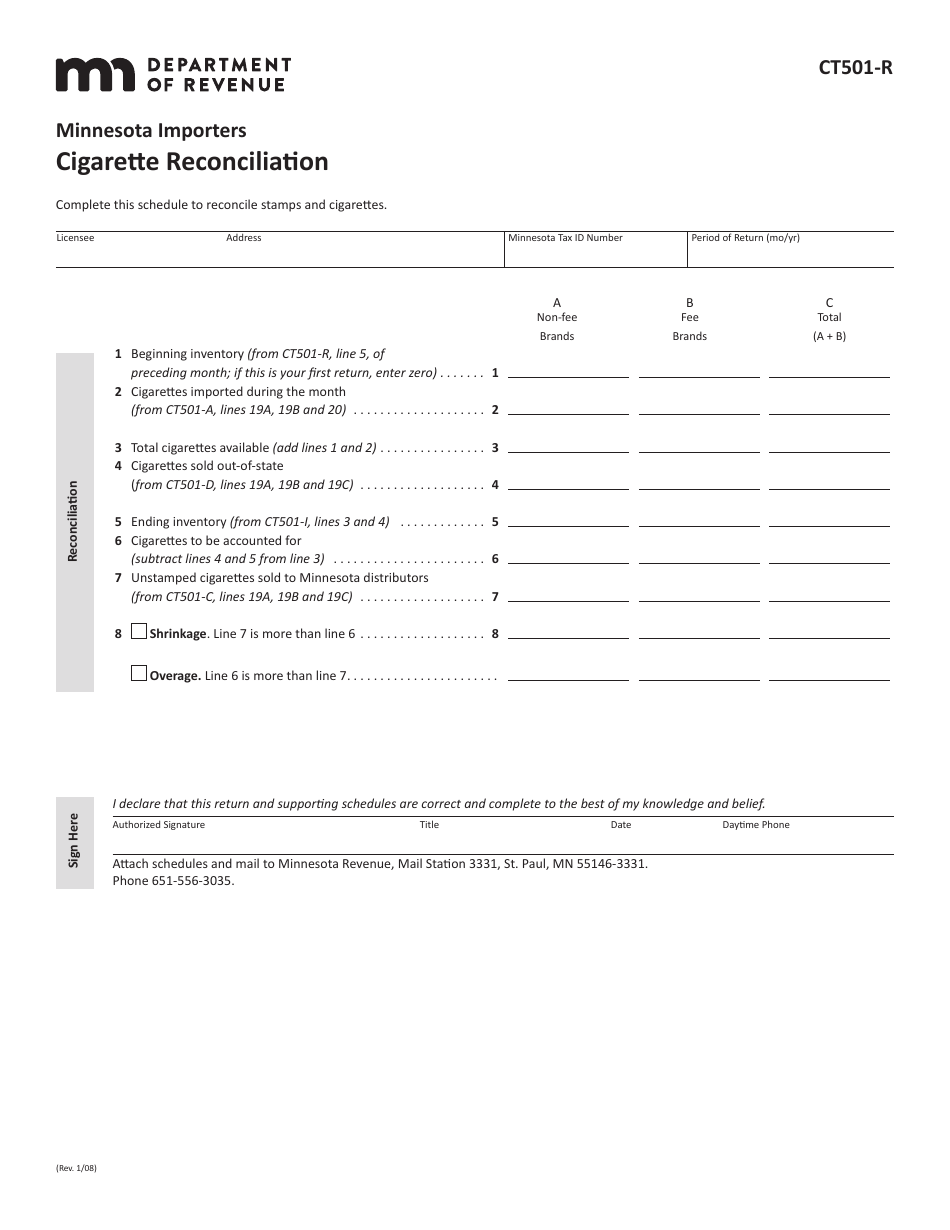 Form CT501-R Cigarette Reconciliation for Minnesota Importers - Minnesota, Page 1