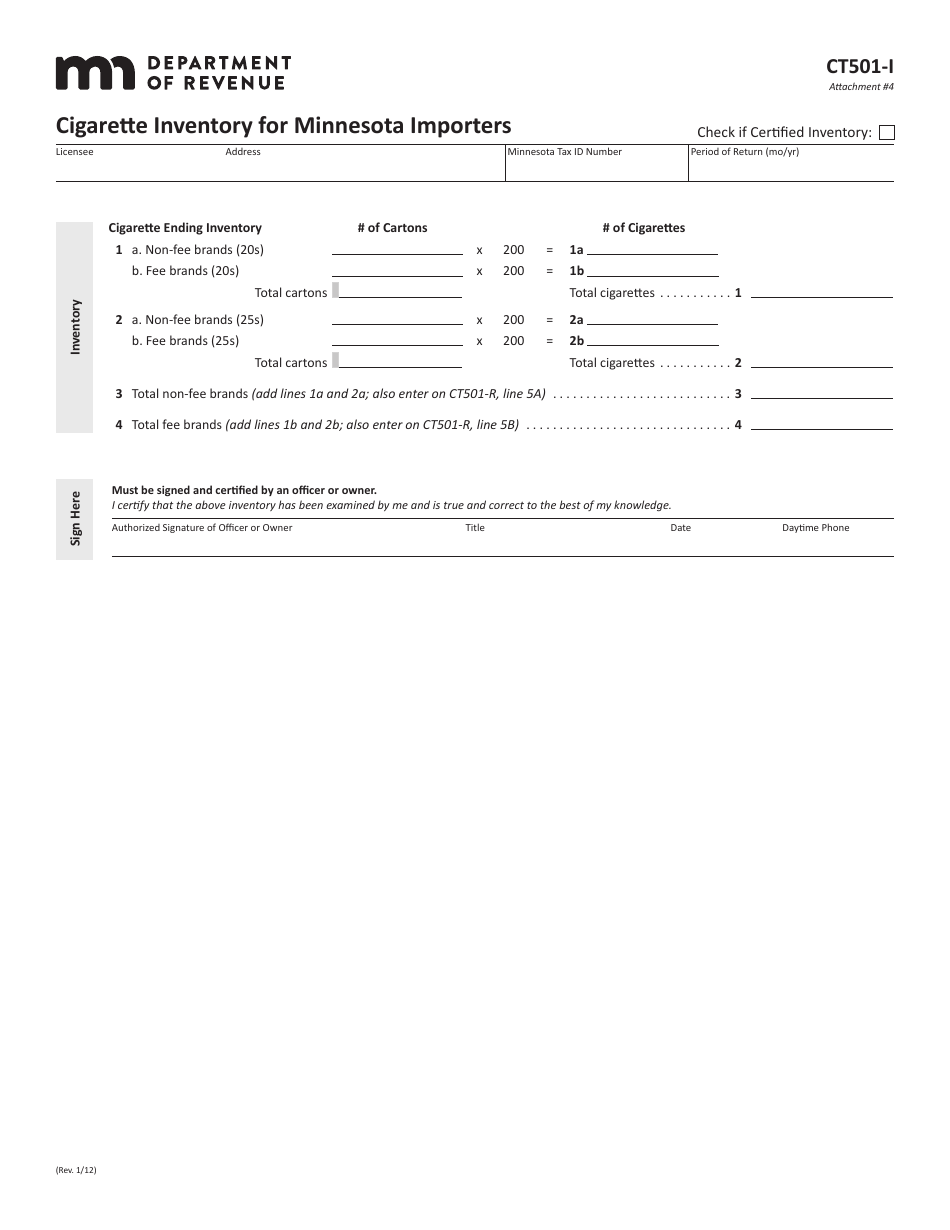 Form CT501-I Cigarette Inventory for Minnesota Importers - Minnesota, Page 1