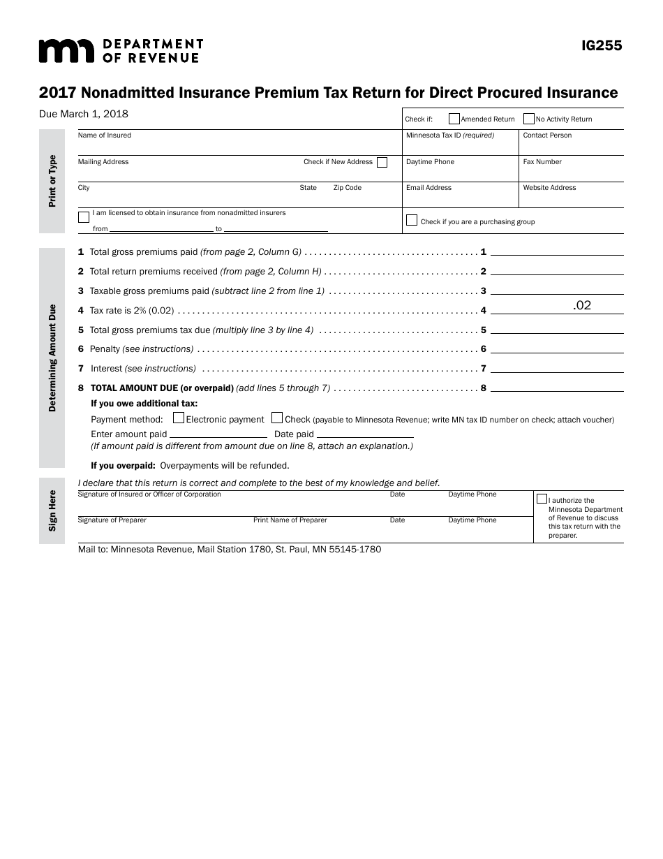 Form IG255 Nonadmitted Insurance Premium Tax Return for Direct Procured Insurance - Minnesota, Page 1
