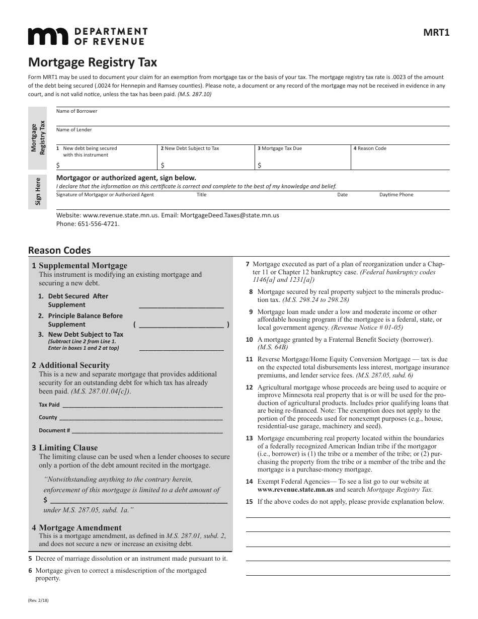 Form MRT1 Mortgage Registry Tax - Minnesota, Page 1