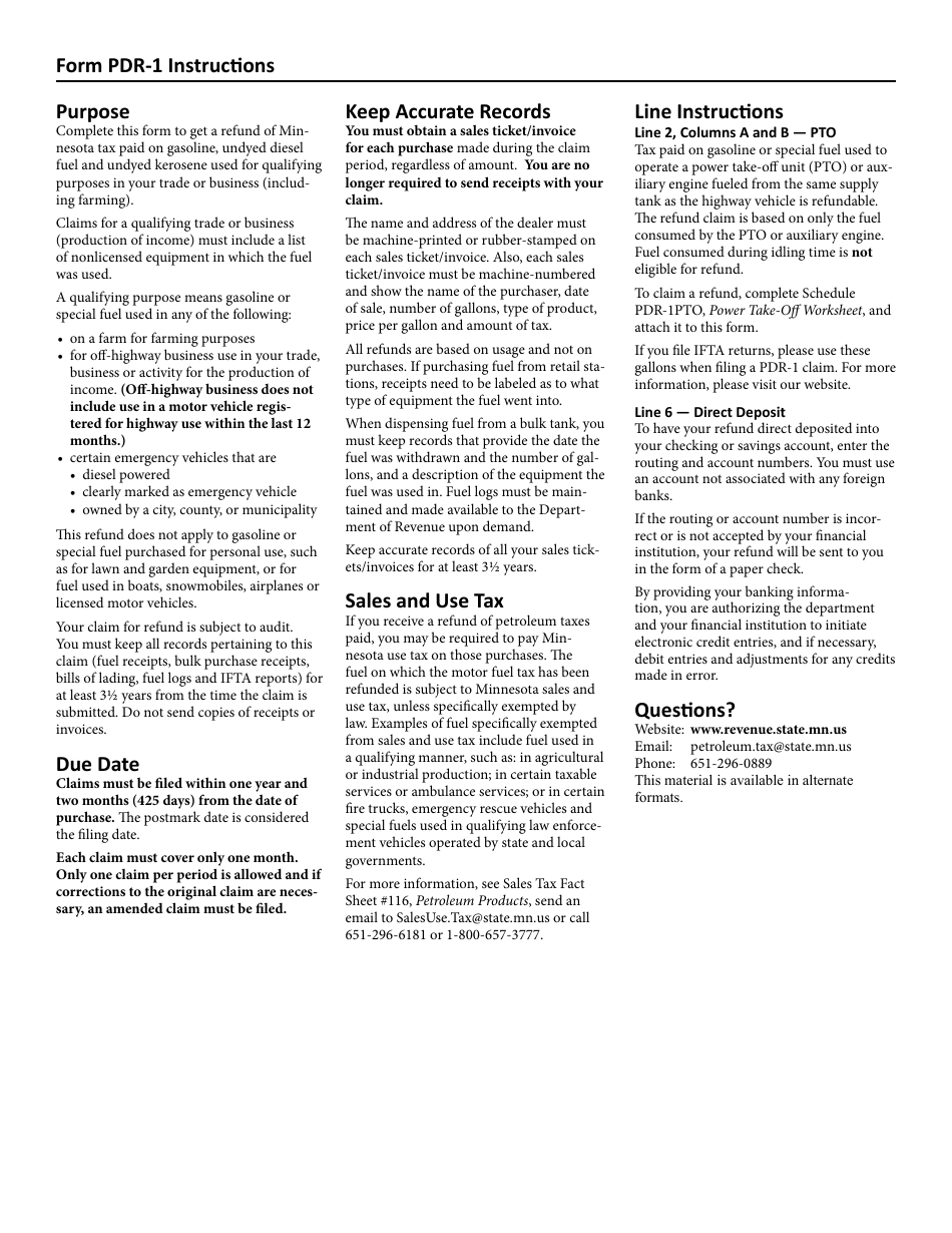 Form PDR-1 Minnesota Motor Fuel Claim for Refund - Minnesota, Page 2