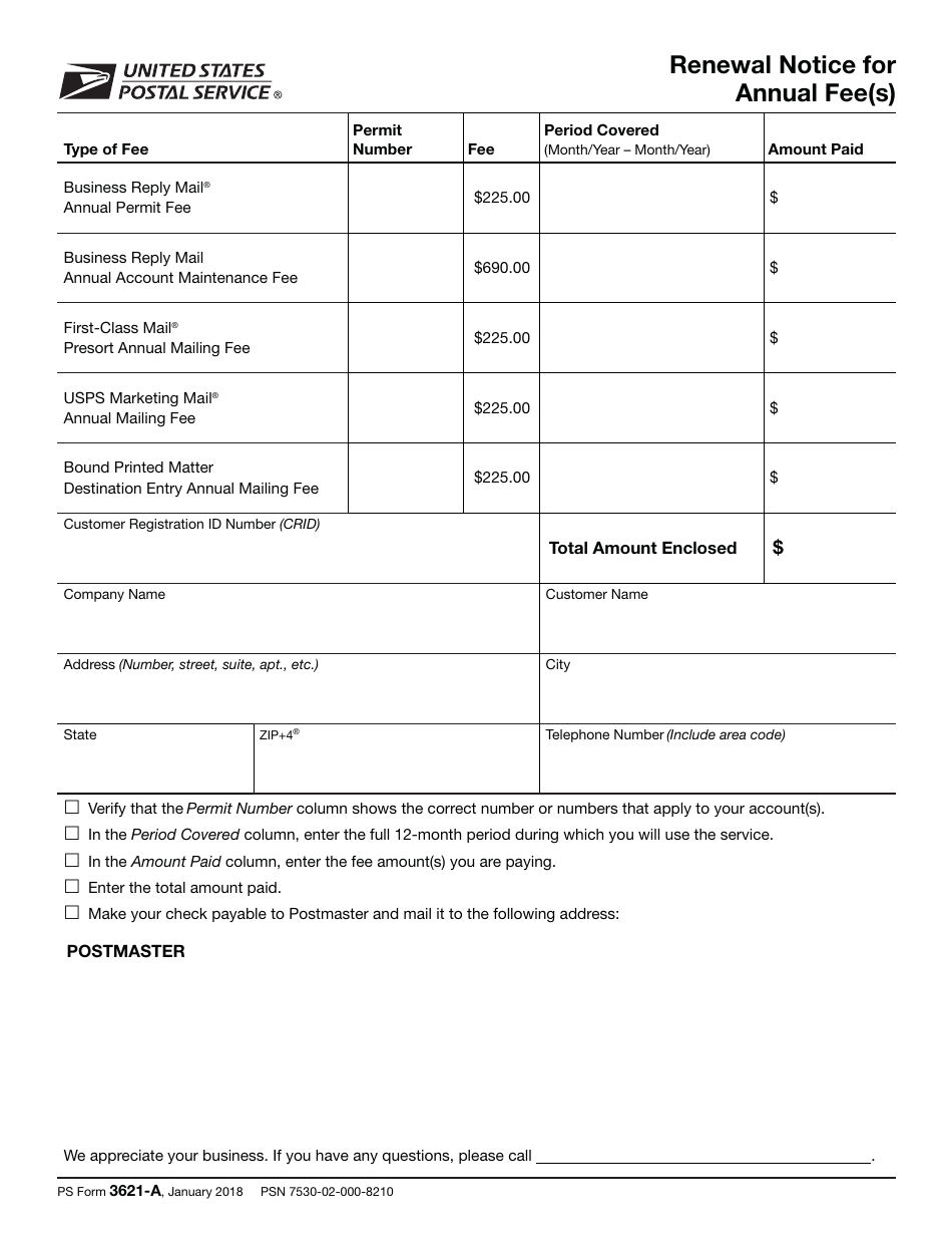 PS Form 3621- Renewal Notice for Annual Fee(S), Page 1