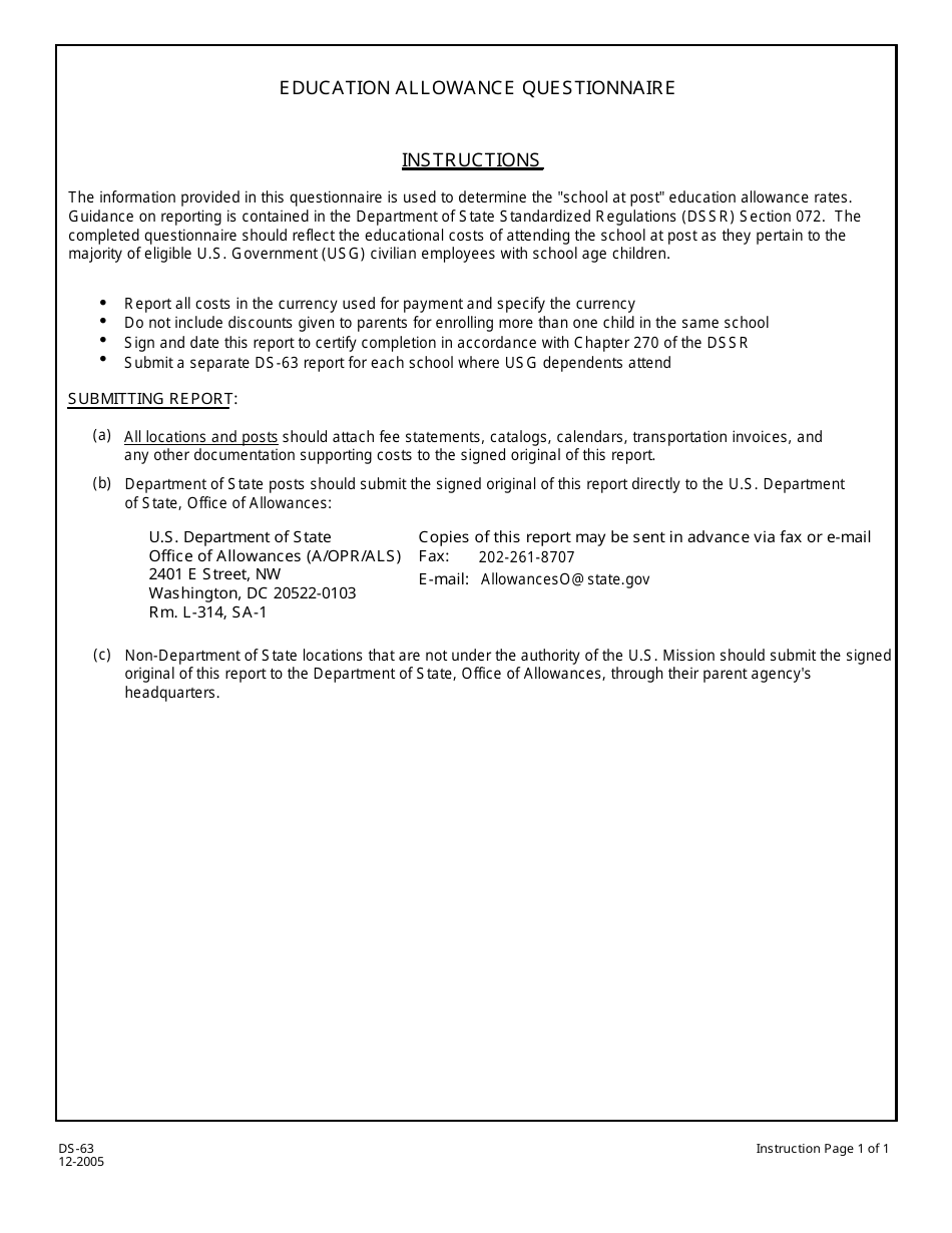 Form DS-63 Education Allowance Questionnaire, Page 1