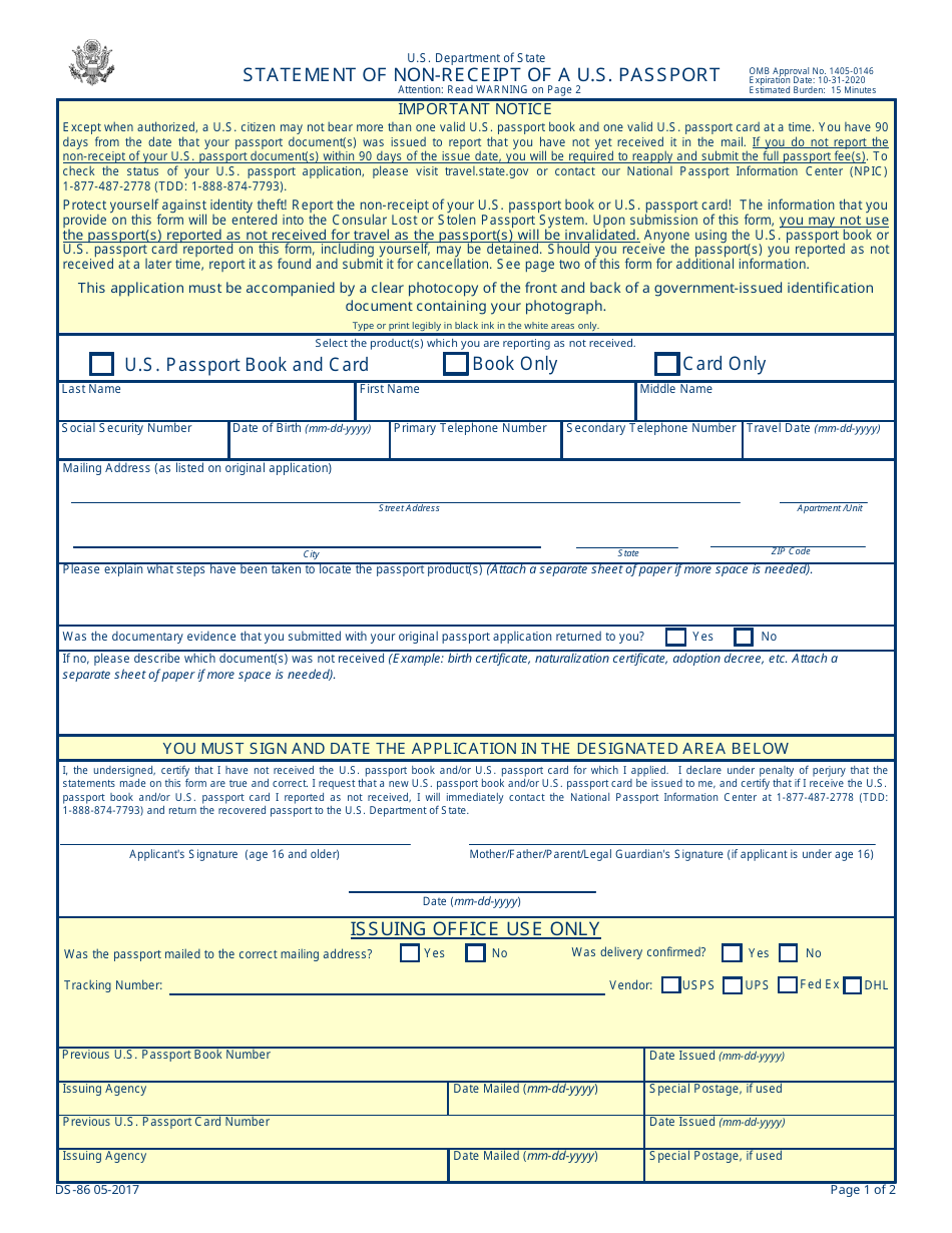 Form DS-86 Statement of Non-receipt of a U.S. Passport, Page 1