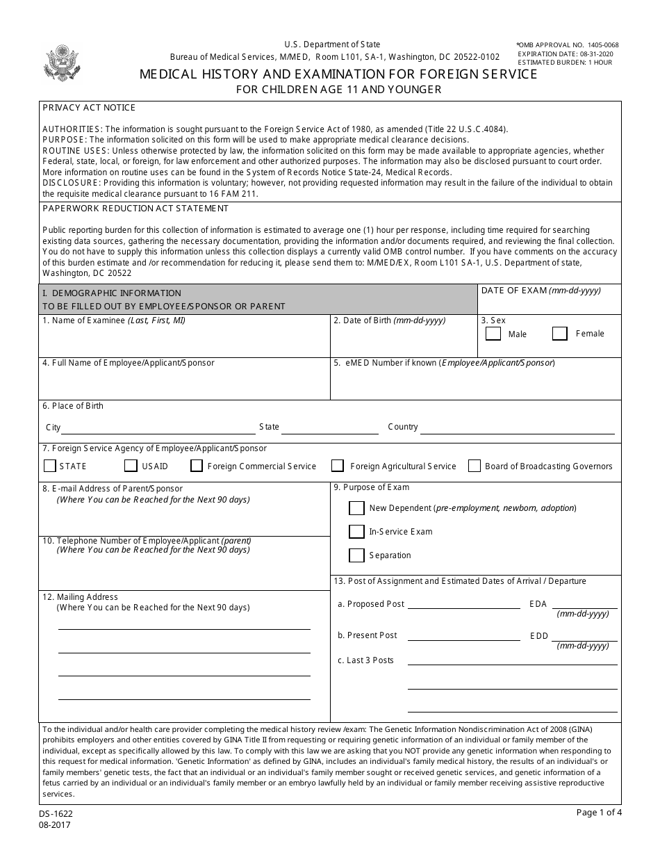 Form DS-1622 Medical History and Examination for Foreign Service for Children Age 11 and Younger, Page 1
