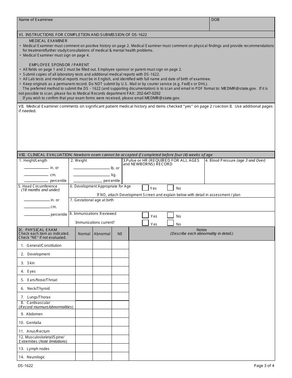 Form DS-1622 Medical History and Examination for Foreign Service for Children Age 11 and Younger, Page 3