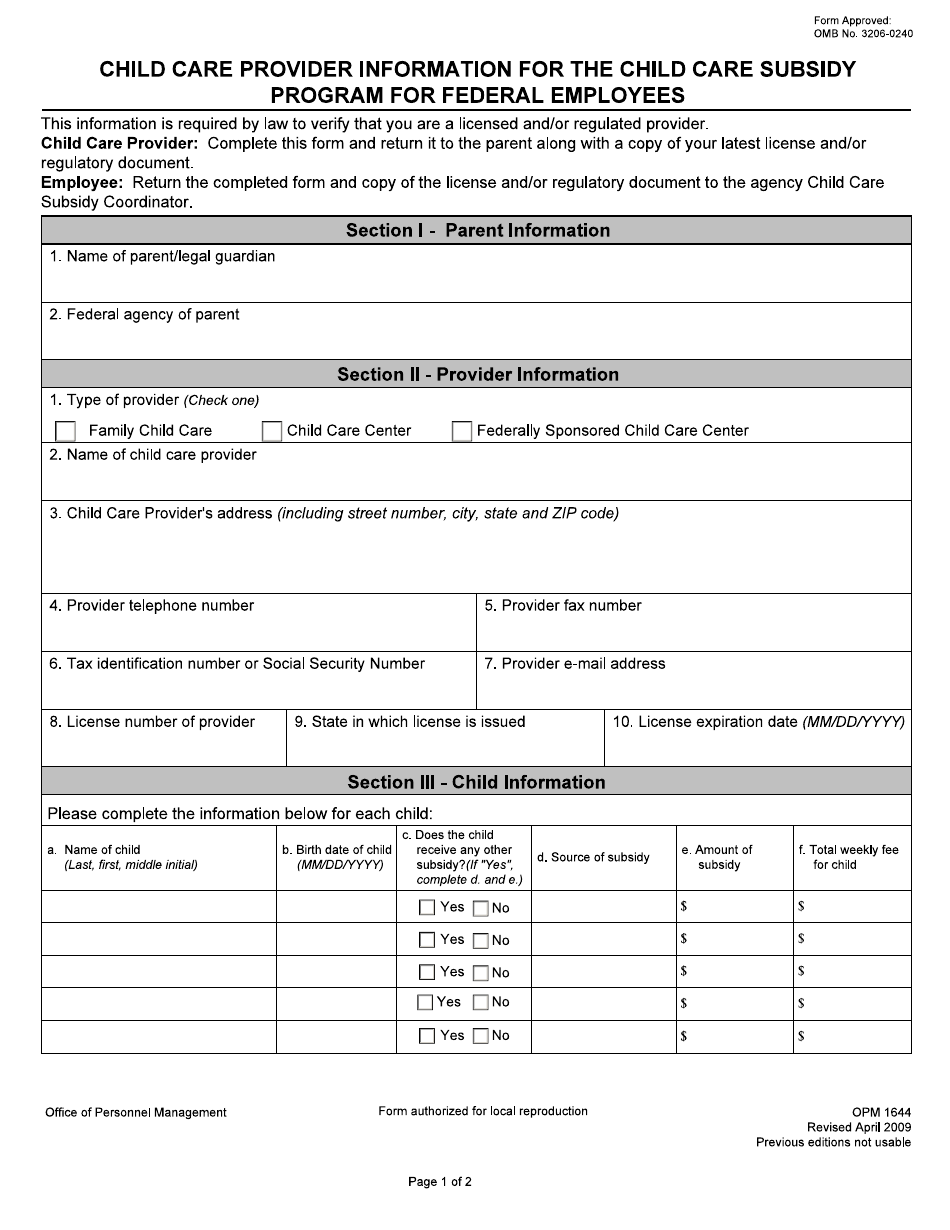 OPM Form 1644 Child Care Provider Information for Child Care Subsidy Program for Federal Employees, Page 1