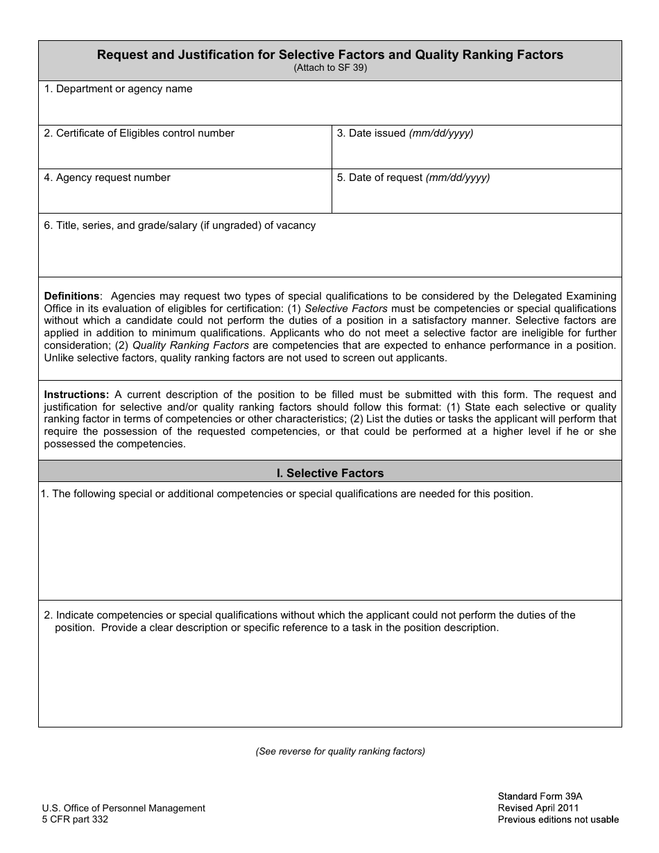 Form SF-39A Request and Justification for Selective Factors and Quality Ranking Factors, Page 1
