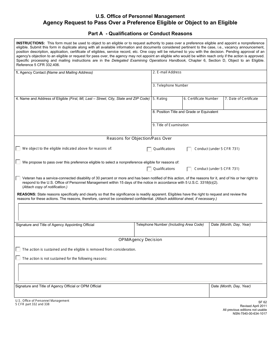 OPM Form SF-62 Agency Request to Pass Over a Preference Eligible or Object to an Eligible, Page 1