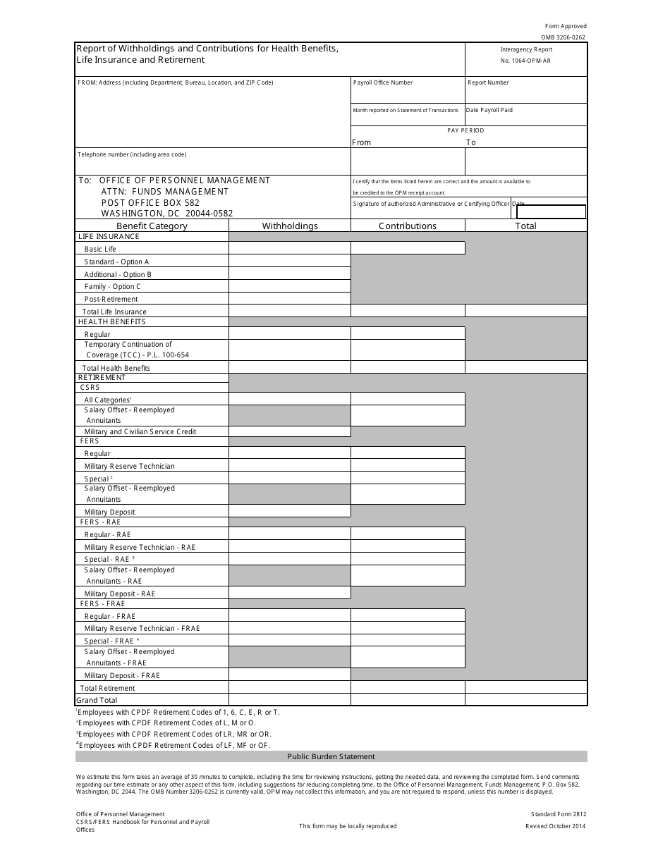 Form SF-2812 Report of Withholdings and Contributions for Health Benefits, Life Insurance and Retirement, Page 1