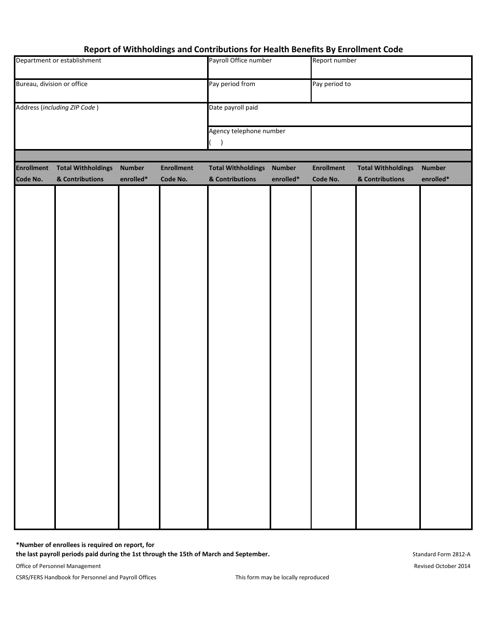 Form SF-2812-A Report of Withholdings and Contributions for Health Benefits by Enrollment Code, Page 1