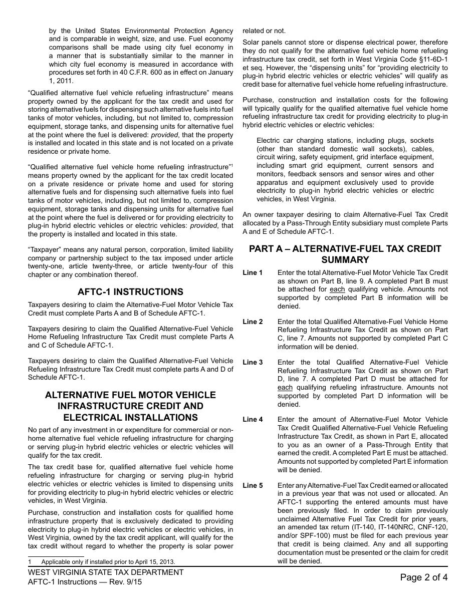 Instructions for Schedule AFTC-1 Alternative Fuel Tax Credit for Periods Beginning on or After January 1, 2015 - West Virginia, Page 2