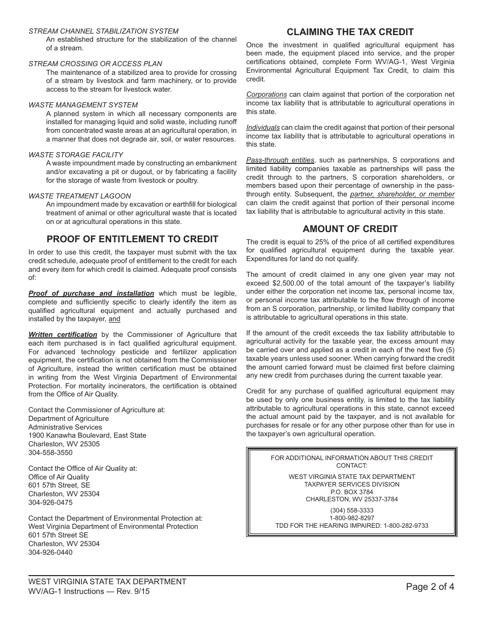 Instructions for Schedule WV / AG-1 Environmental Agricultural Equipment Tax Credit - West Virginia, Page 2