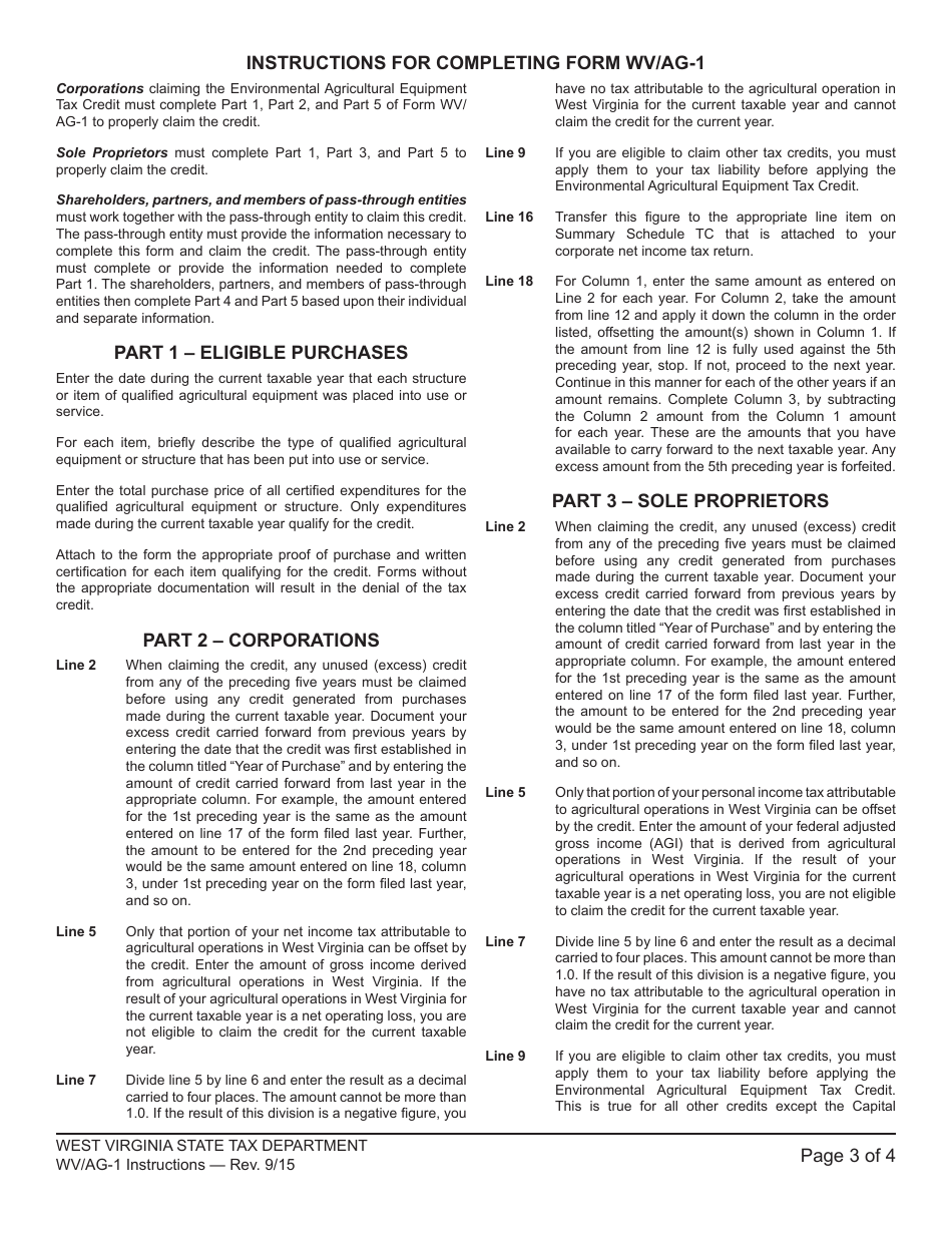 Instructions for Schedule WV / AG-1 Environmental Agricultural Equipment Tax Credit - West Virginia, Page 3