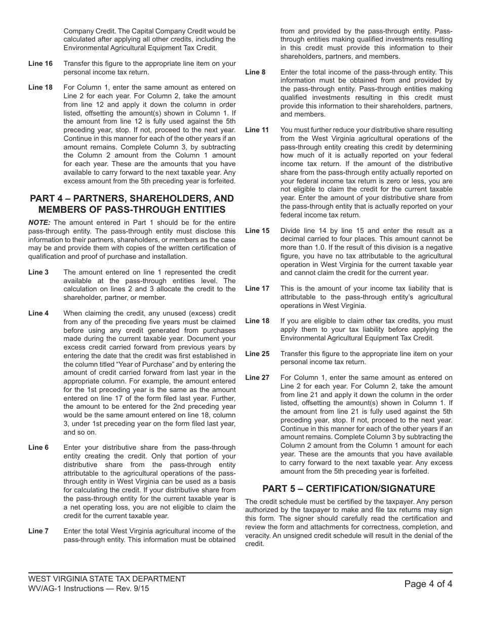 Instructions for Schedule WV / AG-1 Environmental Agricultural Equipment Tax Credit - West Virginia, Page 4