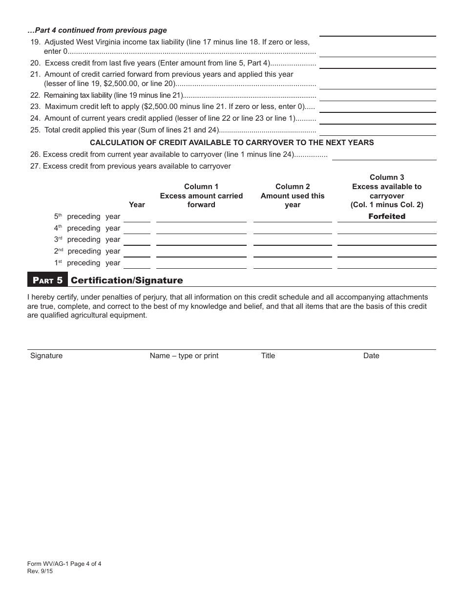 Schedule WV / AG-1 Environmental Agricultural Equipment Tax Credit - West Virginia, Page 4