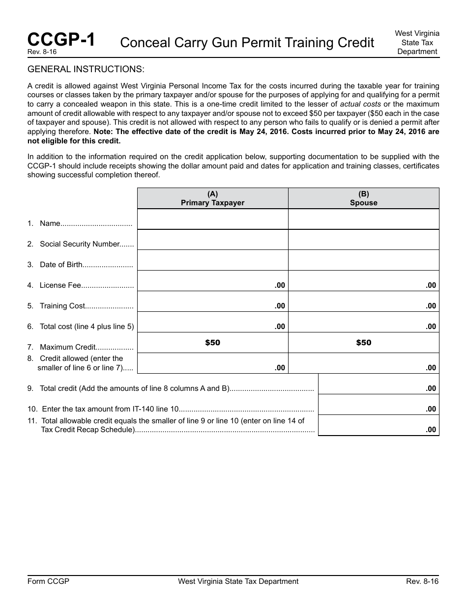Form CCGP-1 Conceal Carry Gun Permit Training Credit - West Virginia, Page 1