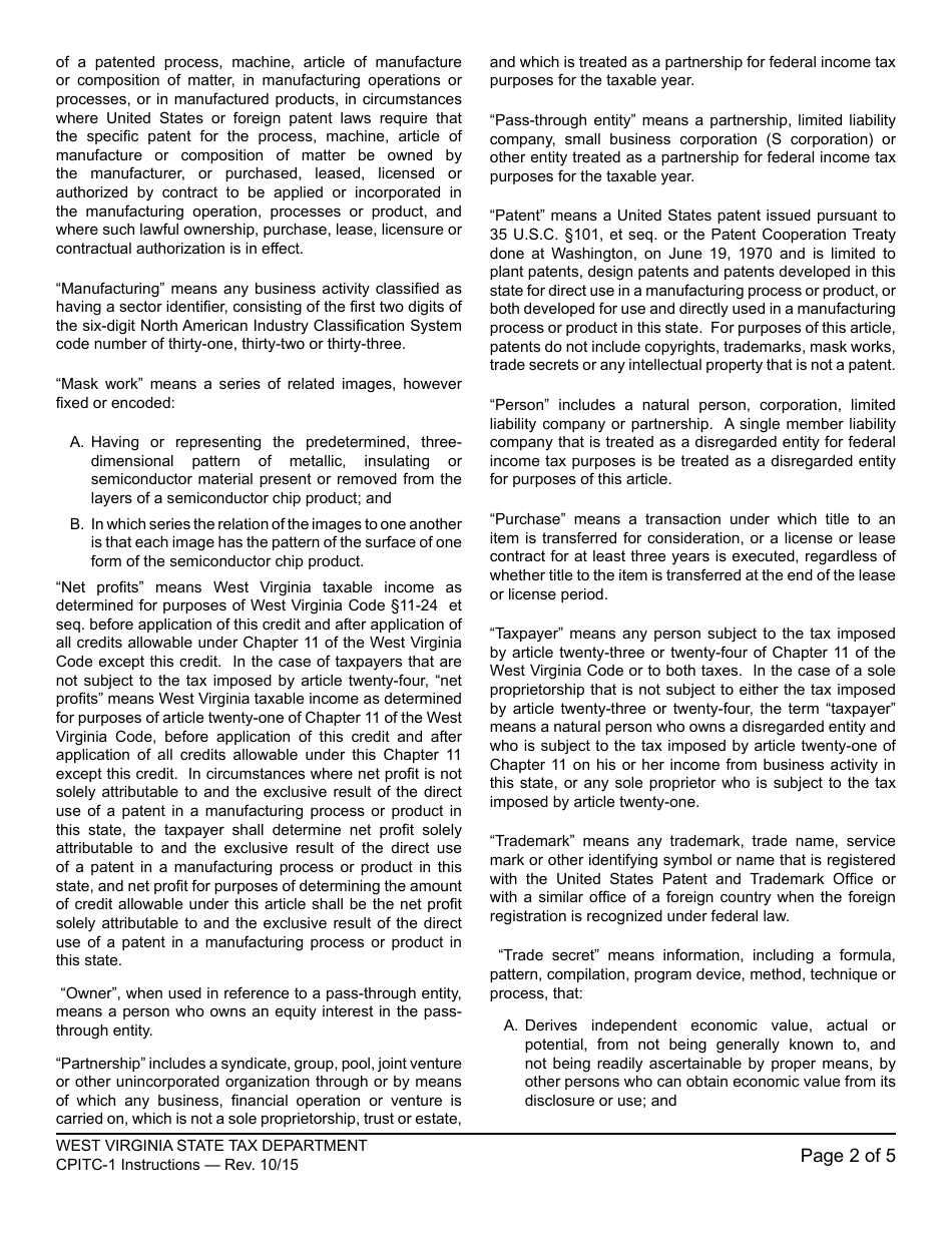 Instructions for Schedule CPITC-1 Commercial Patent Incentives Tax Credit for Periods After January 1, 2015 - West Virginia, Page 2