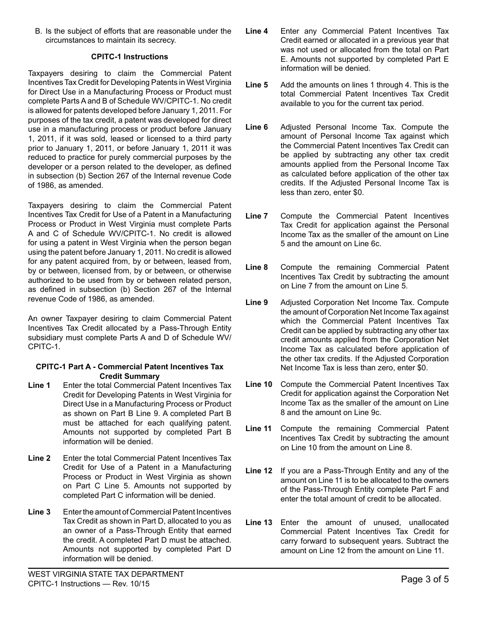 Instructions for Schedule CPITC-1 Commercial Patent Incentives Tax Credit for Periods After January 1, 2015 - West Virginia, Page 3