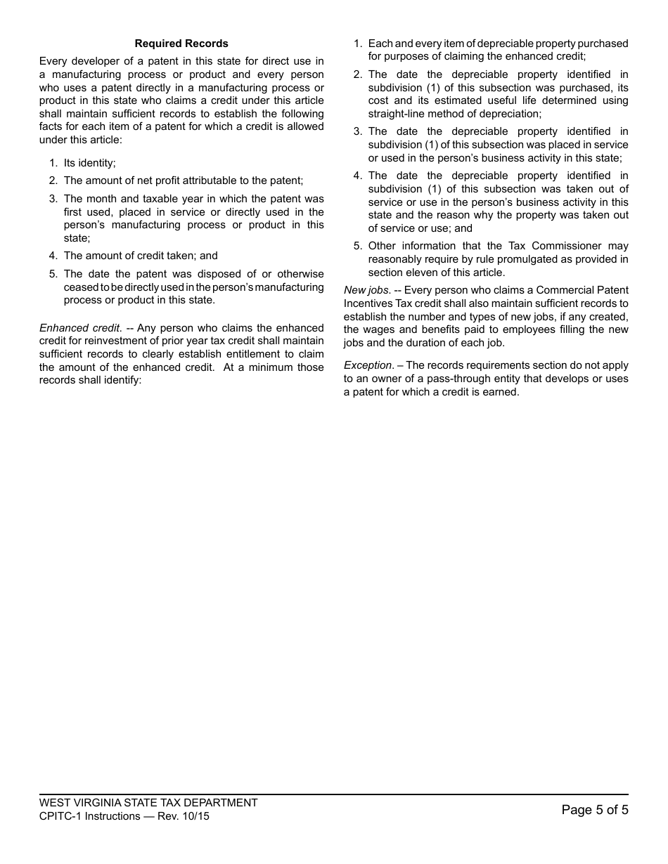 Instructions for Schedule CPITC-1 Commercial Patent Incentives Tax Credit for Periods After January 1, 2015 - West Virginia, Page 5