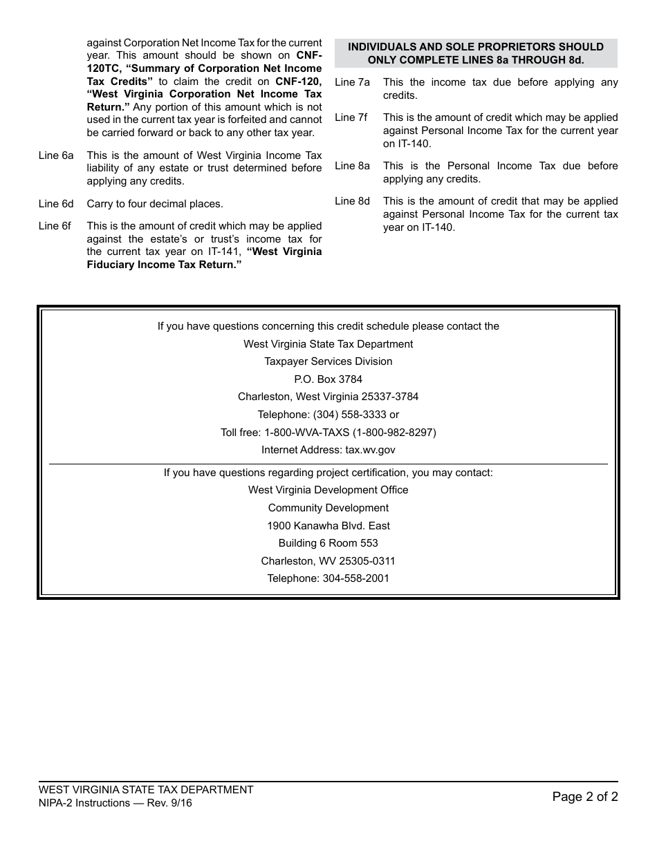Instructions for Schedule WV / NIPA-2 Neighborhood Investment Program Credit Schedule for Periods After January 1, 2015 - West Virginia, Page 2