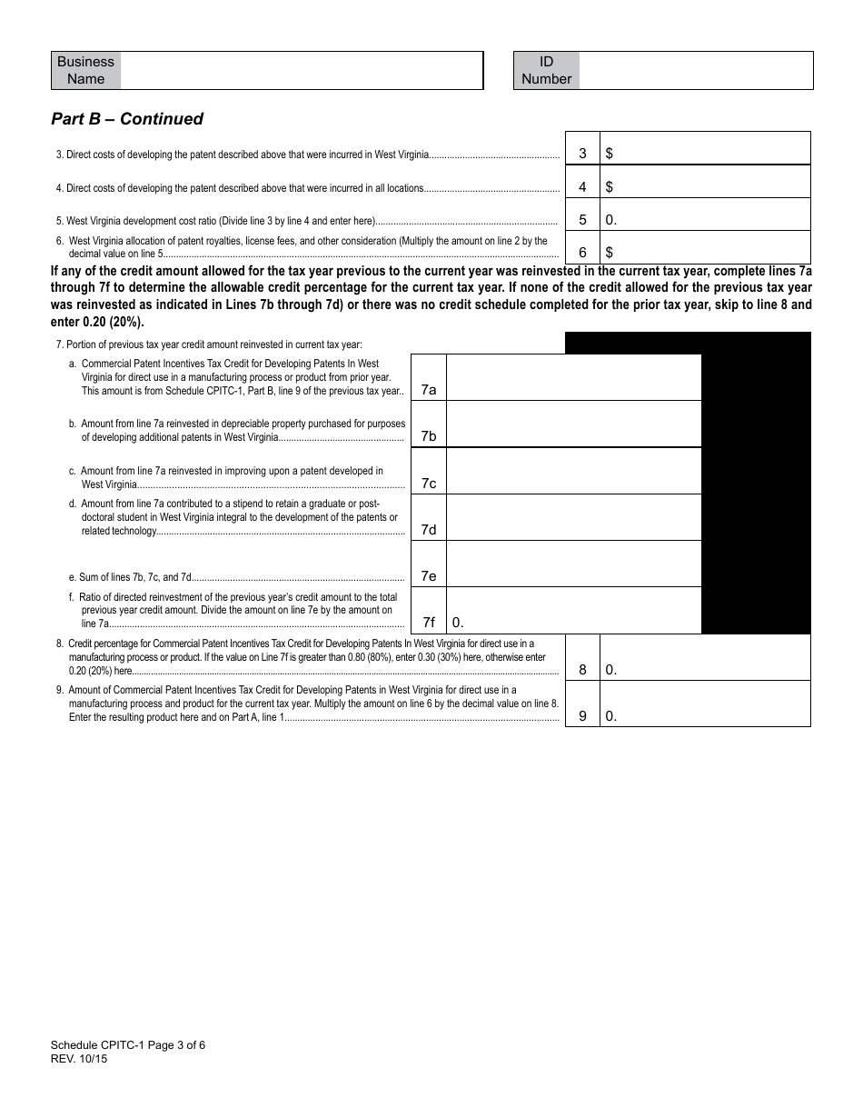 Schedule CPITC-1 Commercial Patent Incentives Tax Credit (For Periods After January 1, 2015) - West Virginia, Page 3
