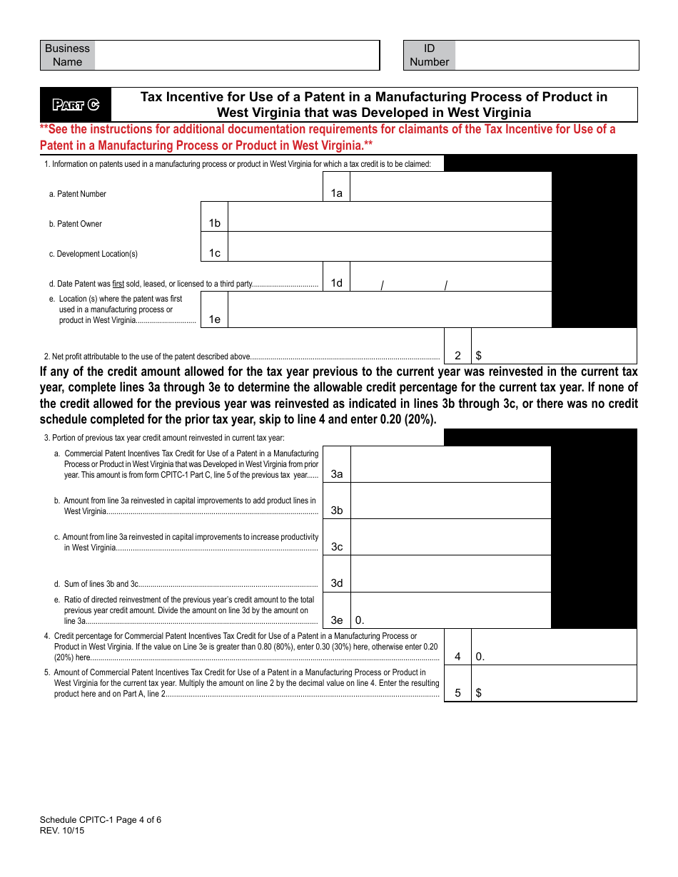 Schedule CPITC-1 Commercial Patent Incentives Tax Credit (For Periods After January 1, 2015) - West Virginia, Page 4