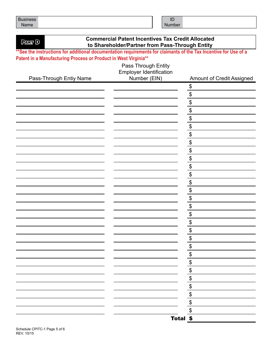 Schedule CPITC-1 Commercial Patent Incentives Tax Credit (For Periods After January 1, 2015) - West Virginia, Page 5