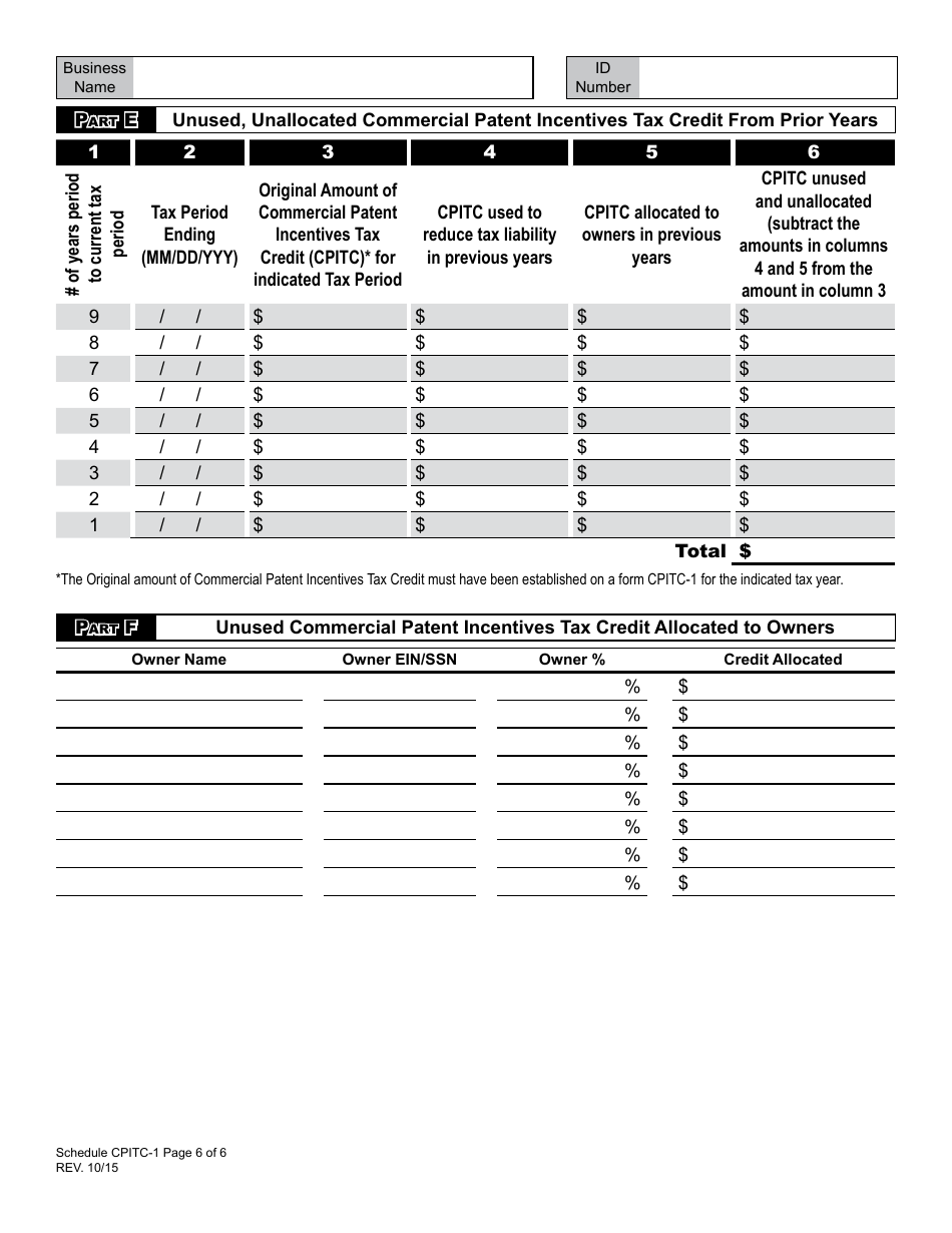 Schedule CPITC-1 Commercial Patent Incentives Tax Credit (For Periods After January 1, 2015) - West Virginia, Page 6