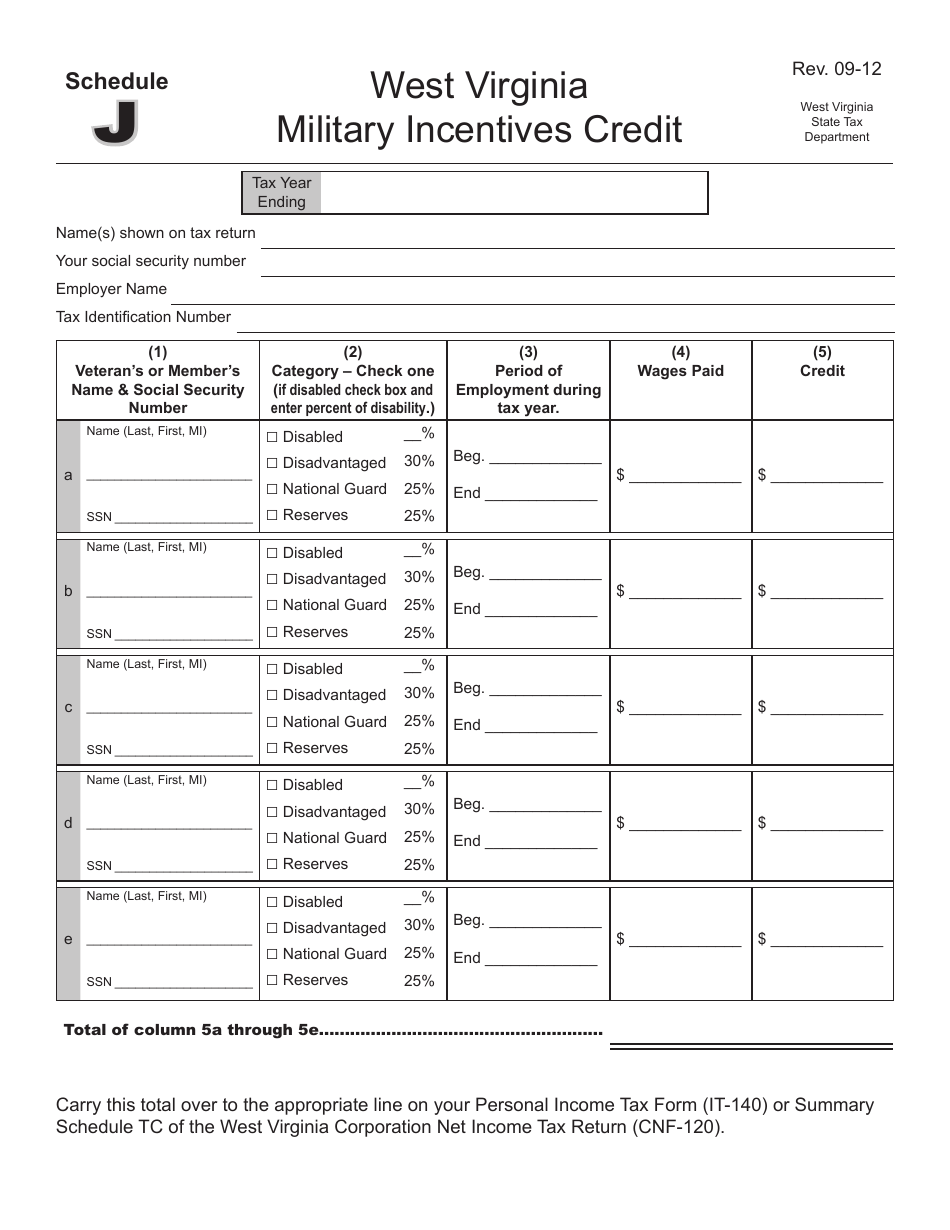 Schedule J West Virginia Military Incentives Credit - West Virginia, Page 1