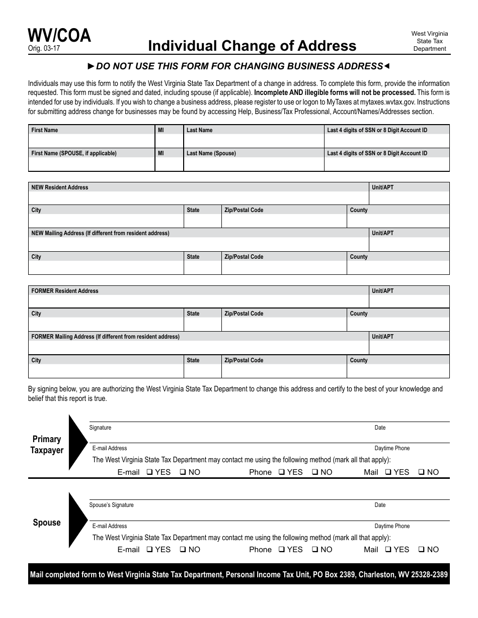 West Virginia Individual Change of Address Fill Out, Sign Online and