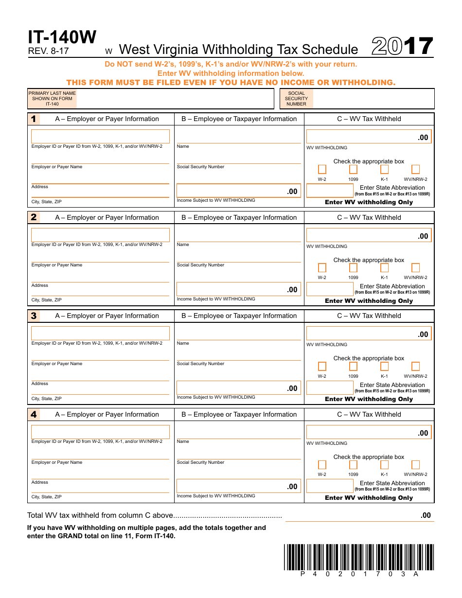 Form IT-140W West Virginia Withholding Tax Schedule - West Virginia, Page 1