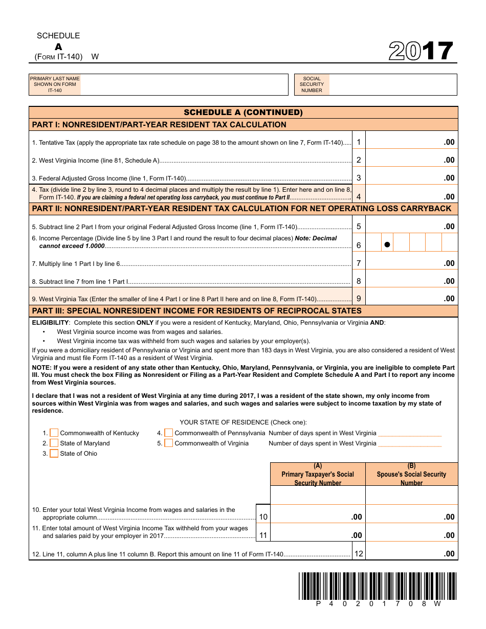 Form IT-140 Schedule A Nonresidents / Part-Year Residents Schedule of Income - West Virginia, Page 2