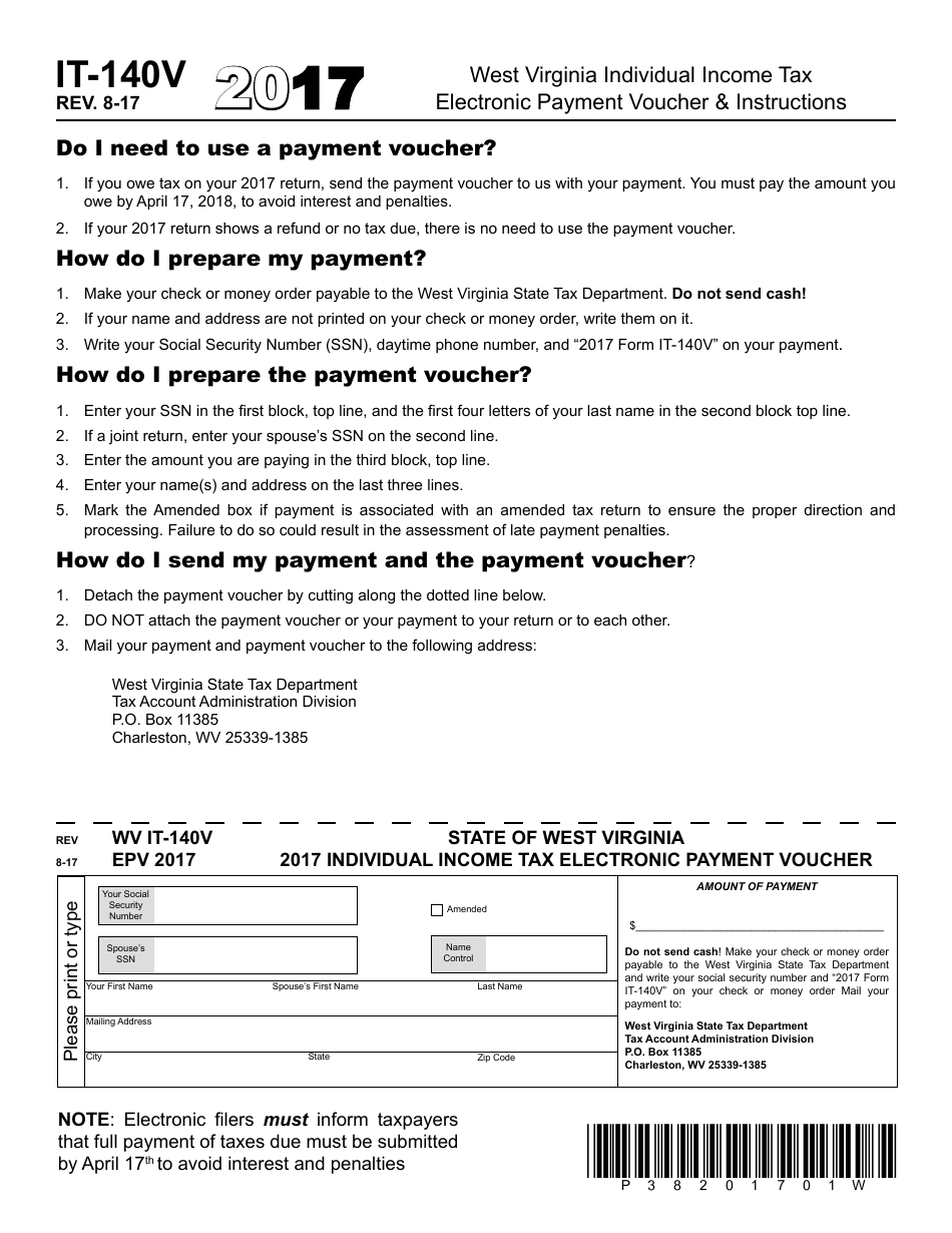 Form IT-140v West Virginia Individual Income Tax Electronic Payment Voucher - West Virginia, Page 1