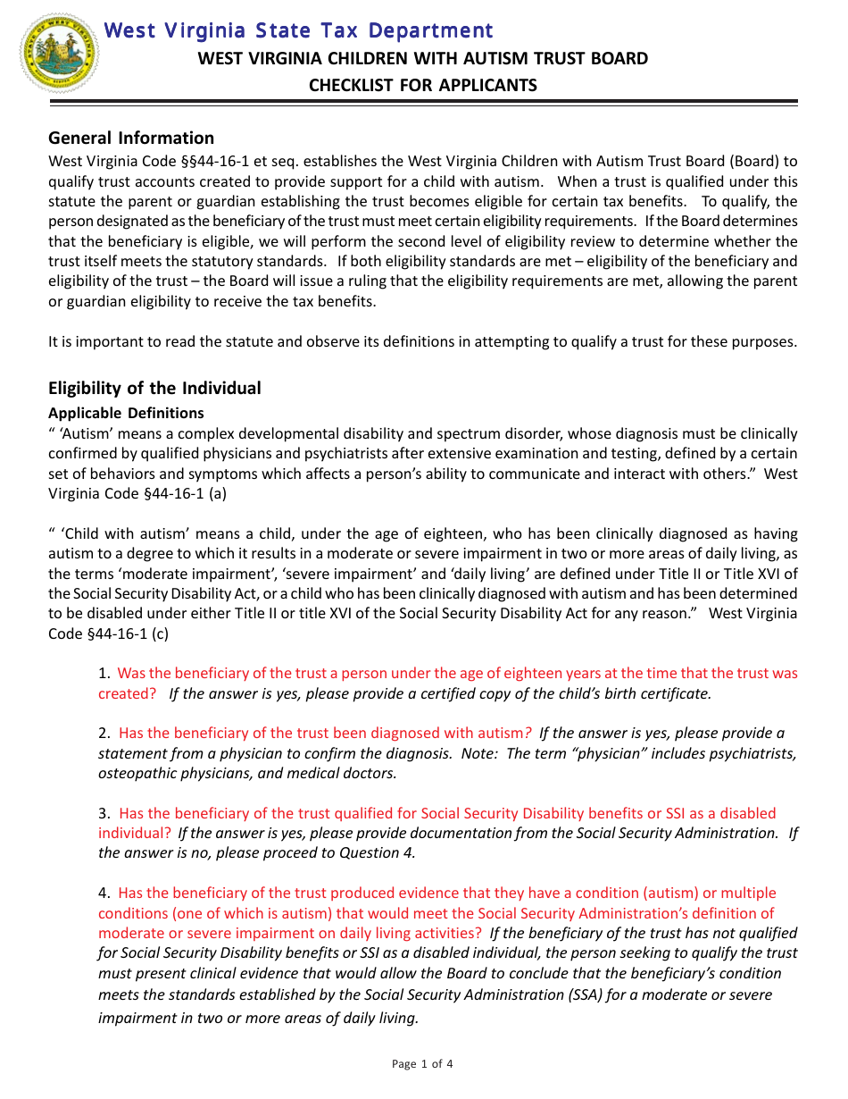 Application Form for Approval of Qualified Trust for Children With Autism Form - West Virginia Children With Autism Trust Board - West Virginia, Page 1